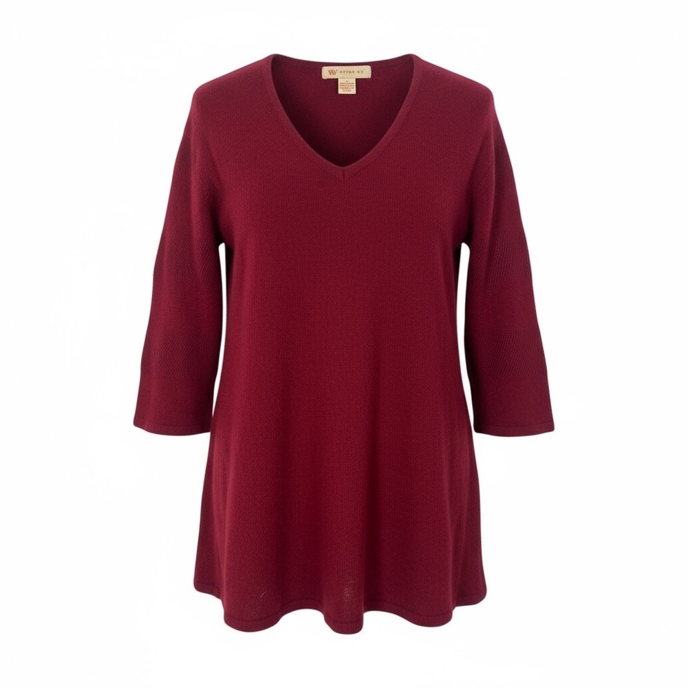 WYTHE NY 100% Cashmere Burgundy V Neck 3/4 Sleeve Sweater Women's Size M